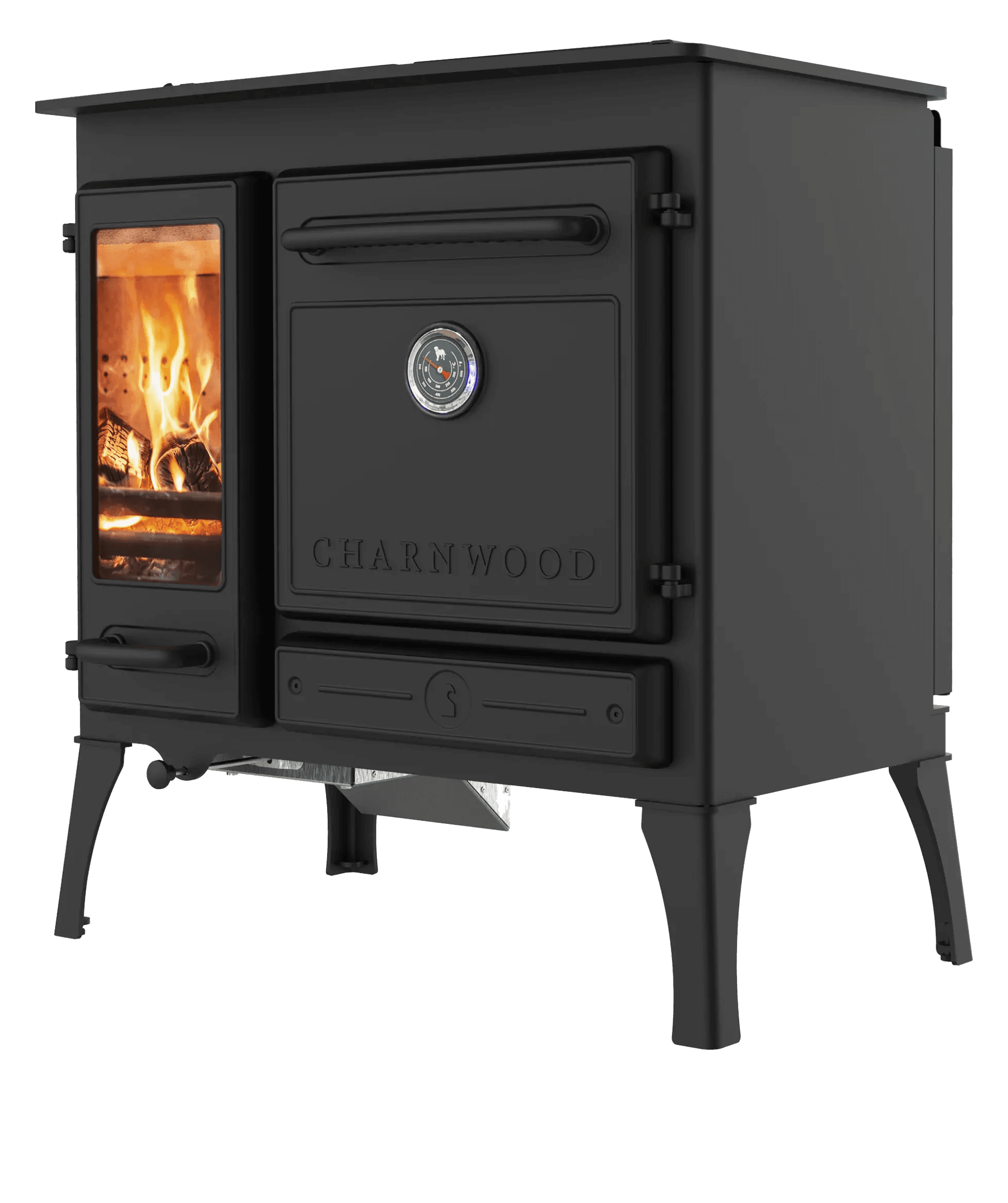 Cuisinière à bois Charnwood noire, four et foyer vitré