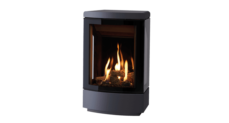 Poêle à gaz gris anthracite aux formes arrondies, flamme allumée