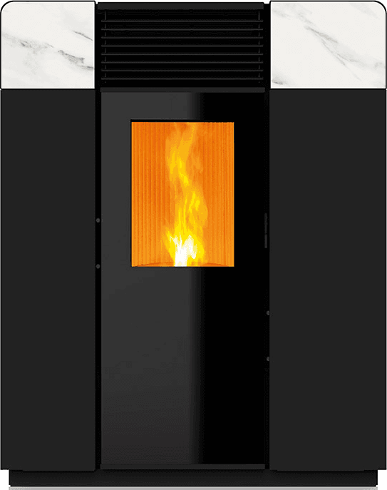 Poêle à granulés Lasian Numa Glass, dessus en marbre blanc, flamme visible