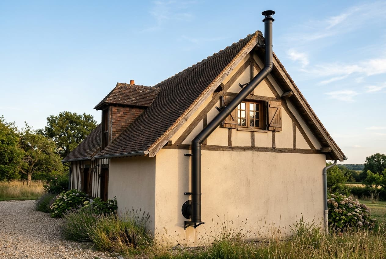 Maison normande à colombages, conduit de fumée inox le long du pignon